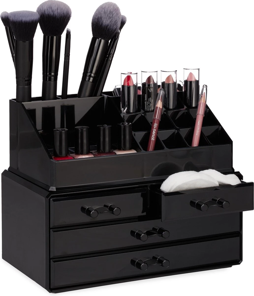 Relaxdays Make-up Organizer - Tweedelig - Cosmetica Opbergdoos + Lippenstift Houder - Zwart 1 Relaxdays Make-up Organizer - Tweedelig - Cosmetica Opbergdoos + Lippenstift Houder - Zwart