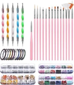 Evvie© Nail Art Kit - Penselen Met Dotting Tools - Strass Steentjes - Rhinestones - Nagel Folie - Diamantjes - Striping Tape – 65-delig
