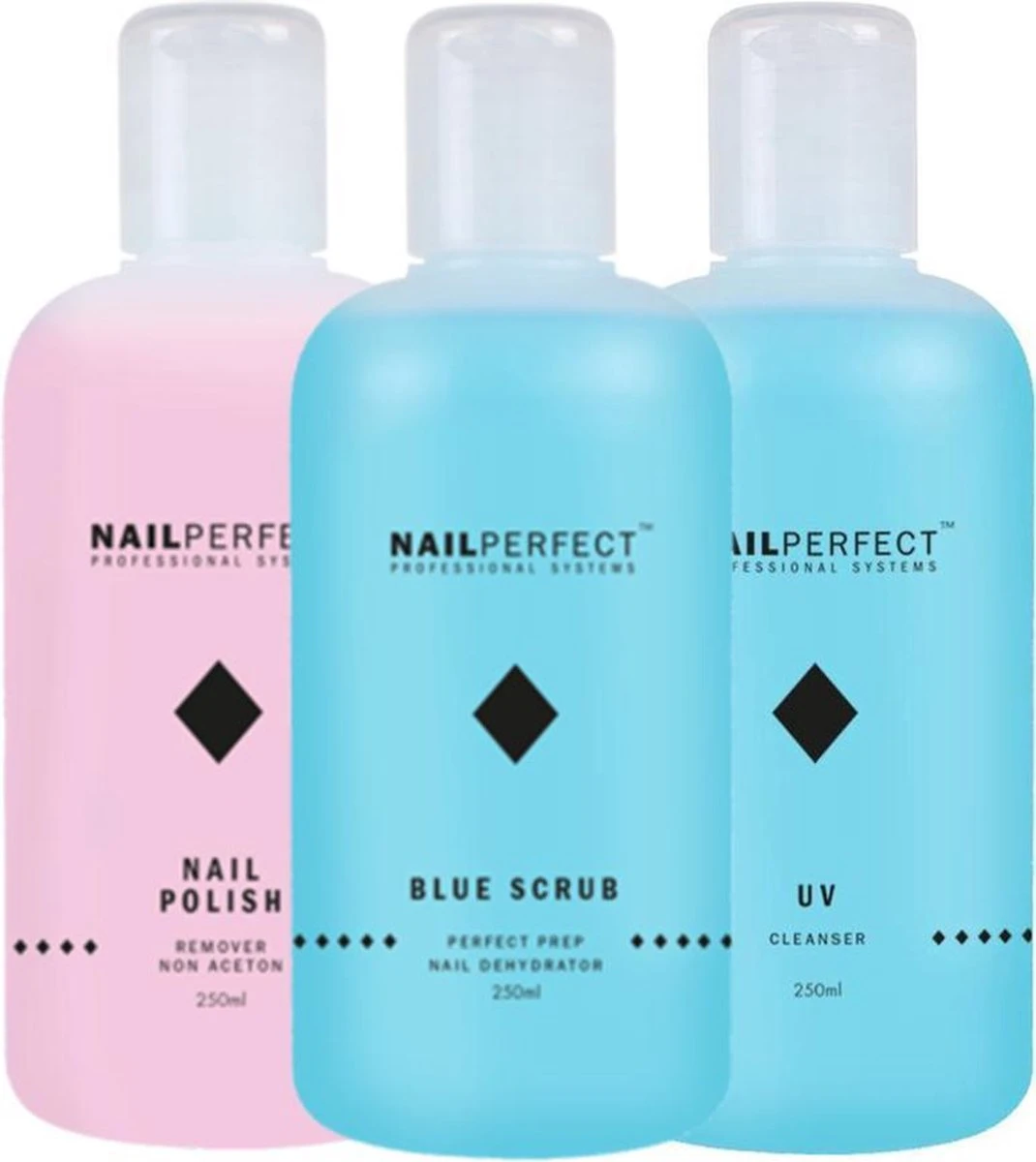 Nagel Vloeistoffen Set - UV Cleanser - Remover - Blue Scrub - 750ml 1 Nagel Vloeistoffen Set - UV Cleanser - Remover - Blue Scrub - 750ml