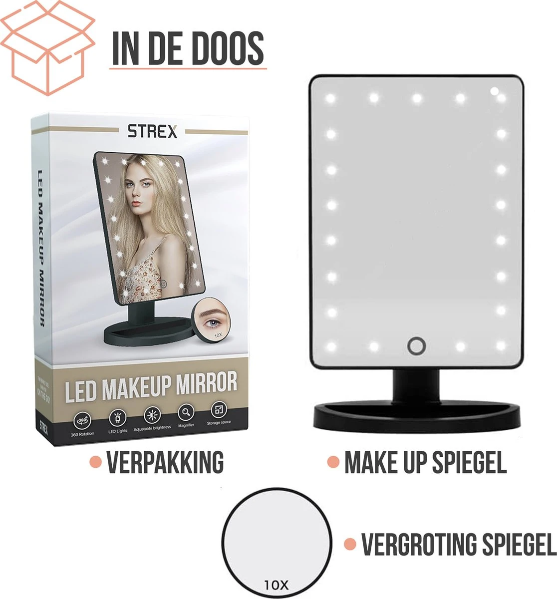 Strex Make Up Spiegel Met LED Verlichting - 3 Verlichtingsmodus - 1/10x Vergroting - 360° Verstelbaar 9 Strex Make Up Spiegel Met LED Verlichting - 3 Verlichtingsmodus - 1/10x Vergroting - 360° Verstelbaar - Afbeelding 9