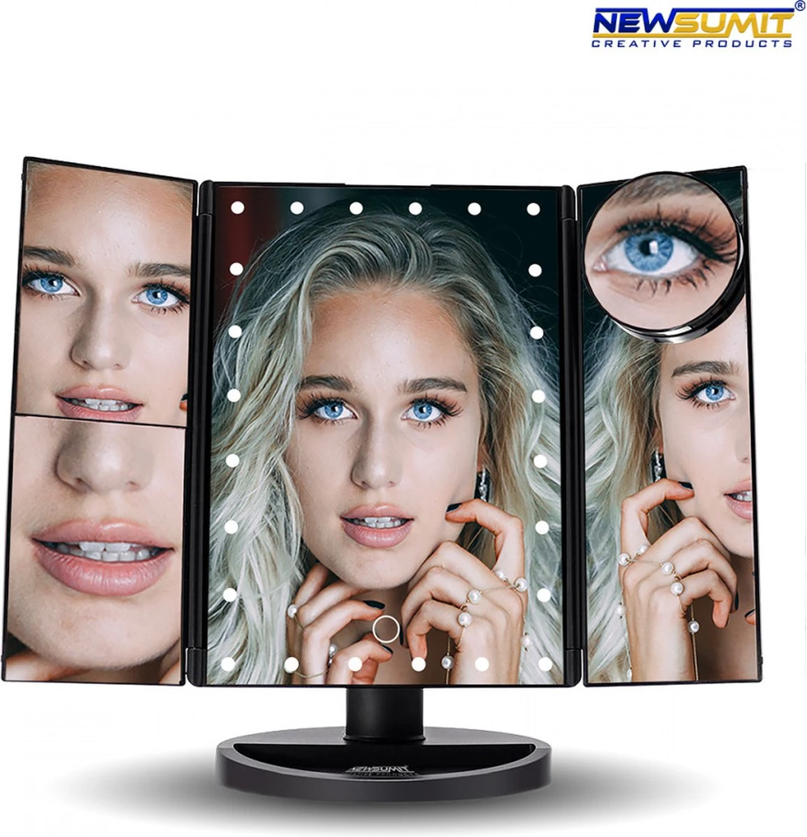 Make-Up Spiegel Met LED Verlichting - Zwart - Vergrootspiegels - Cosmetica/ Visagie Spiegel - 180° Draaibaar - Werkt Op AAA Batterijen én USB - Inclusief USB Kabel 1 Make-Up Spiegel Met LED Verlichting - Zwart - Vergrootspiegels - Cosmetica/ Visagie Spiegel - 180° Draaibaar - Werkt Op AAA Batterijen én USB - Inclusief USB Kabel