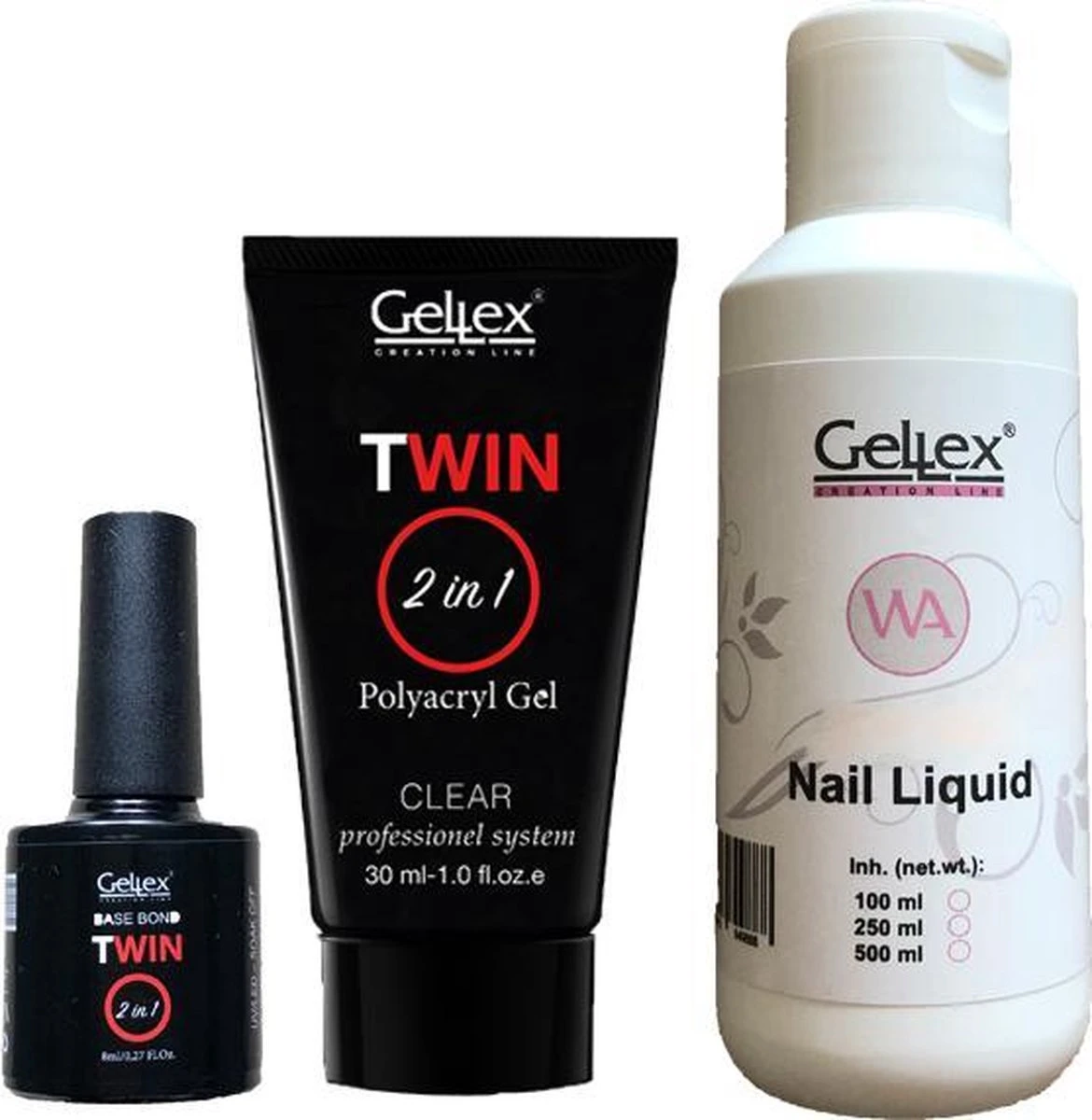 Twin Polyacryl Basic Kit, Twin Polygel Starter Set, Twin Polygel Starterspakket (Twin Polygel Clear 30ml, Base Bond 10ml, Twin Liquid) 1 Twin Polyacryl Basic Kit, Twin Polygel Starter Set, Twin Polygel Starterspakket (Twin Polygel Clear 30ml, Base Bond 10ml, Twin Liquid)