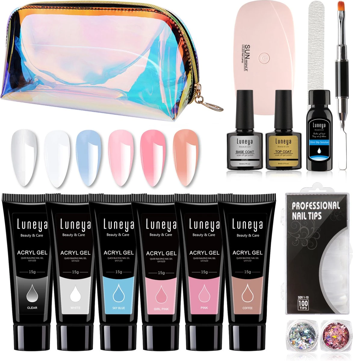 Luneya Polygel Kit - Sunrise Edition - 6 Kleuren - Polygel Nagels Starterspakket - Tasje - Incl. UV LED Lamp 1 Luneya Polygel Kit - Sunrise Edition - 6 Kleuren - Polygel Nagels Starterspakket - Tasje - Incl. UV LED Lamp