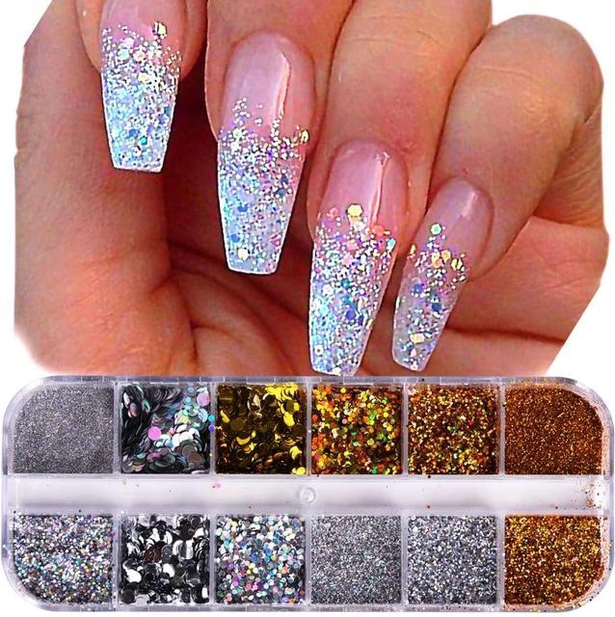 Glitter Poeder Nail Art Set - 12 Stuks - Goud / Zilver / Brons - Nagel Decoratie Strass 1 Glitter Poeder Nail Art Set - 12 Stuks - Goud / Zilver / Brons - Nagel Decoratie Strass
