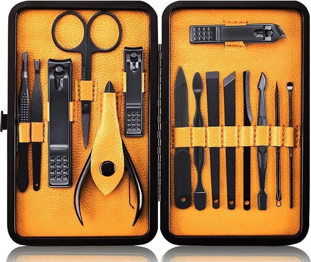Nagelknipper Set - Pedicureset - 15 Delige - Roestvrij Staal - Met Draagkoffer - Geel Zwart 1 Nagelknipper Set - Pedicureset - 15 Delige - Roestvrij Staal - Met Draagkoffer - Geel Zwart