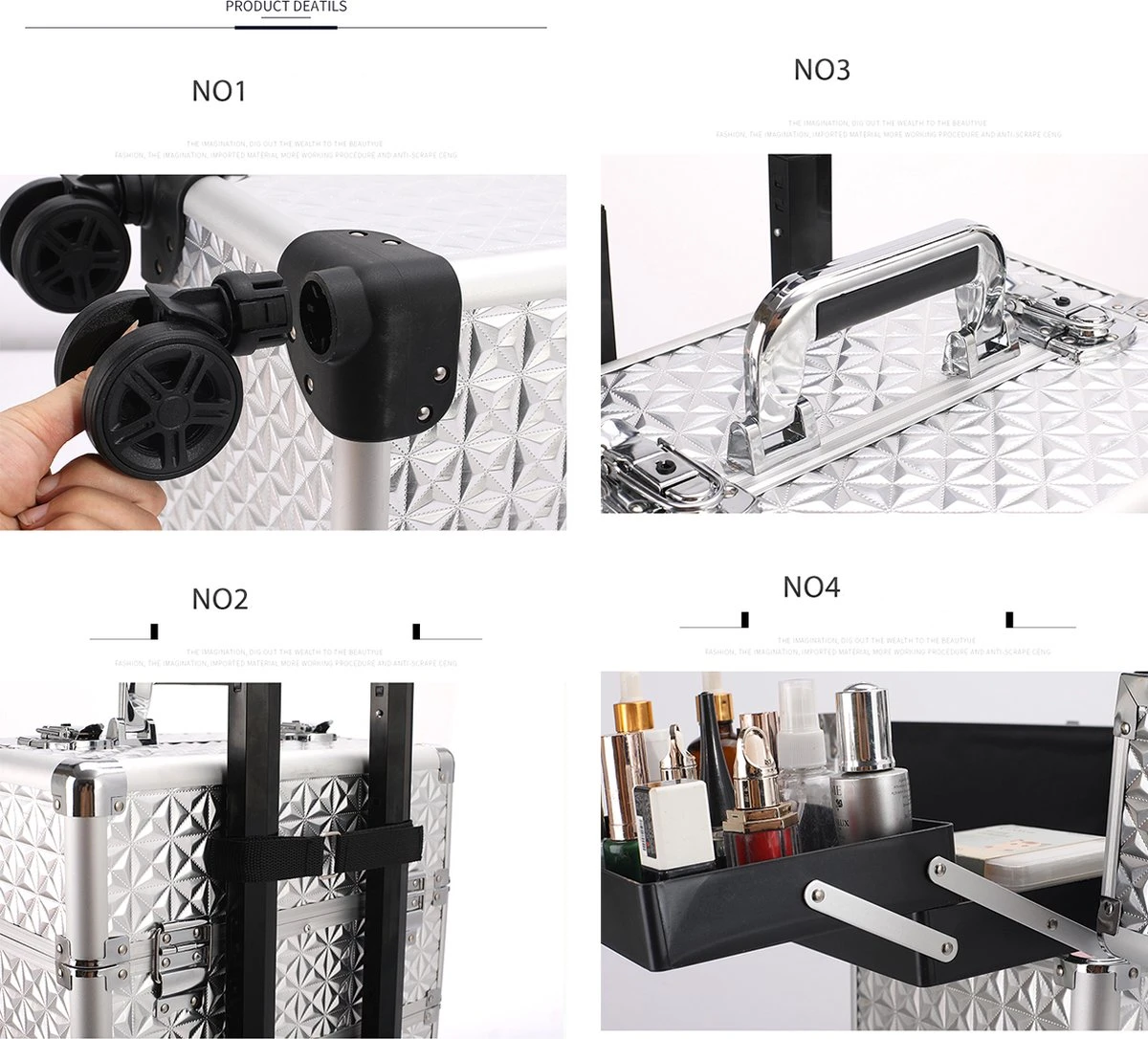 Kapper Koffer Gouden Kleur | Nagel | Visagist | Make-up | Cosmetica | Schminken | Trolley Stevig En Gemaakt Van Aluminium | 3 Delig | 8 Wielen | Bedekt Met Mooie Diamantjes 3 Kapper Koffer Gouden Kleur | Nagel | Visagist | Make-up | Cosmetica | Schminken | Trolley Stevig En Gemaakt Van Aluminium | 3 Delig | 8 Wielen | Bedekt Met Mooie Diamantjes - Afbeelding 3