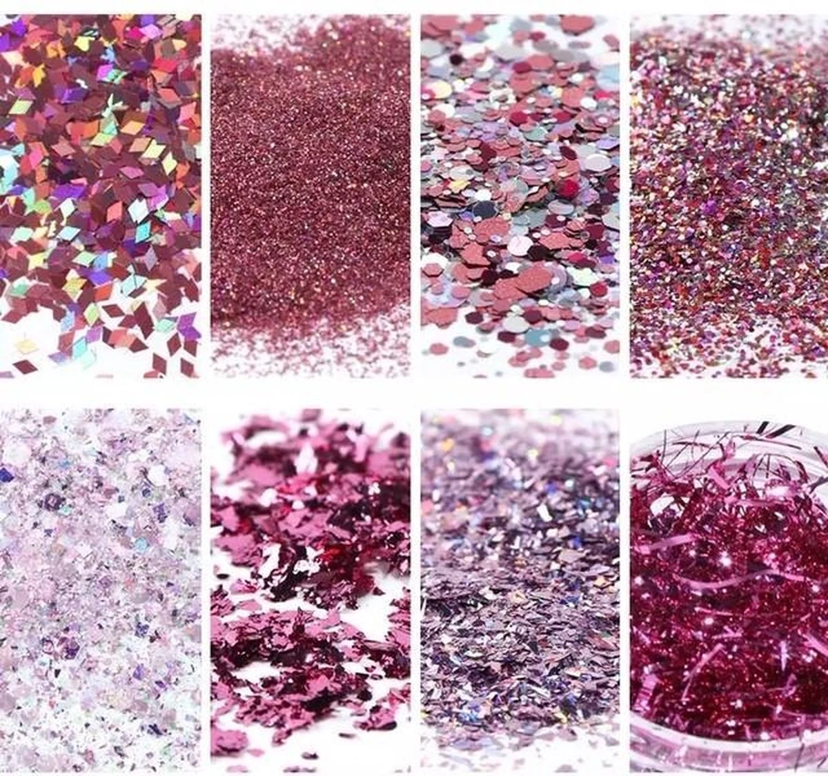 Glitter Poeder Nail Art Set - 8 Stuks - Rosé / Zilver / Roze / Glinster - Nagel Decoratie Strass 3 Glitter Poeder Nail Art Set - 8 Stuks - Rosé / Zilver / Roze / Glinster - Nagel Decoratie Strass - Afbeelding 3