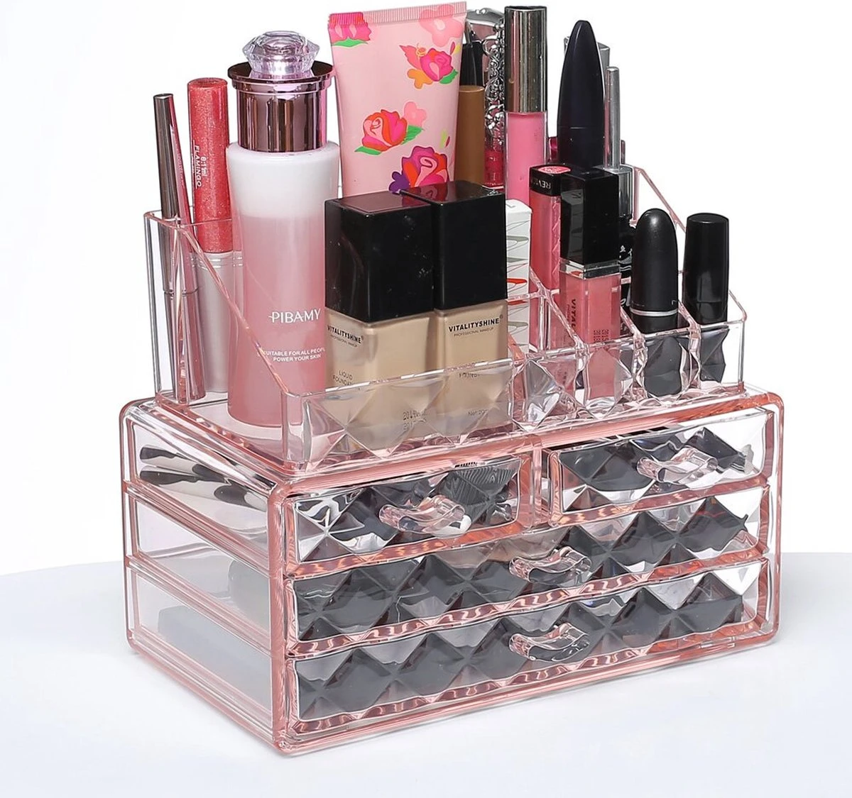 A&K 2in1 Make-up Organizer - 4 Lades Cosmetica Opbergdoos - Kaptafel - Roze 4 A&K 2in1 Make-up Organizer - 4 Lades Cosmetica Opbergdoos - Kaptafel - Roze - Afbeelding 4
