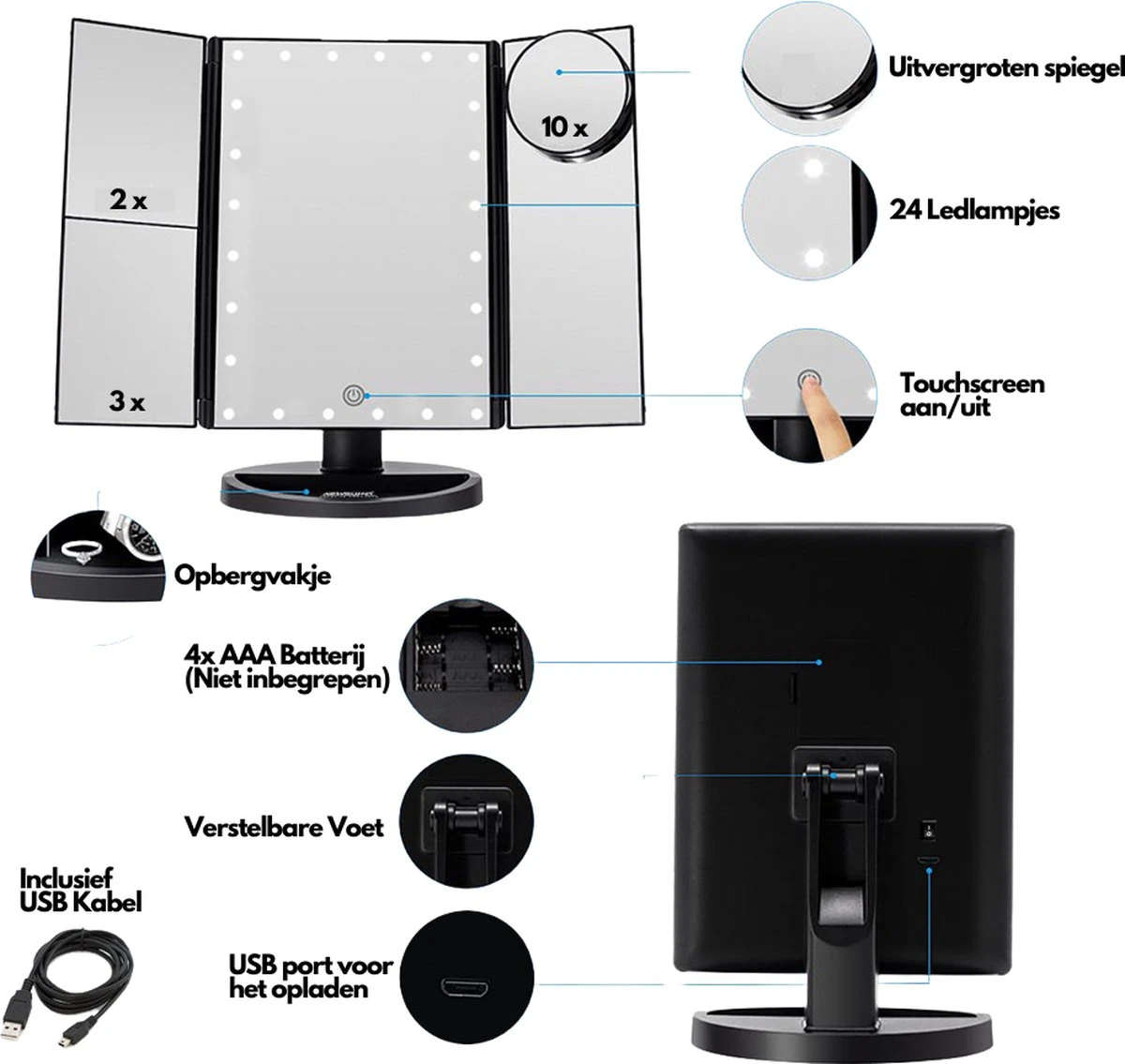 Make-Up Spiegel Met LED Verlichting - Zwart - Vergrootspiegels - Cosmetica/ Visagie Spiegel - 180° Draaibaar - Werkt Op AAA Batterijen én USB - Inclusief USB Kabel 2 Make-Up Spiegel Met LED Verlichting - Zwart - Vergrootspiegels - Cosmetica/ Visagie Spiegel - 180° Draaibaar - Werkt Op AAA Batterijen én USB - Inclusief USB Kabel - Afbeelding 2