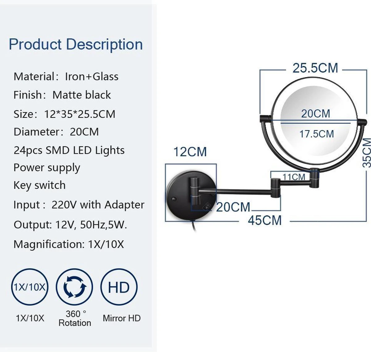 SaniDreams Thora - Make-up Spiegel-rond-zwart-10x Vergroot 6 SaniDreams Thora - Make-up Spiegel-rond-zwart-10x Vergroot - Afbeelding 6