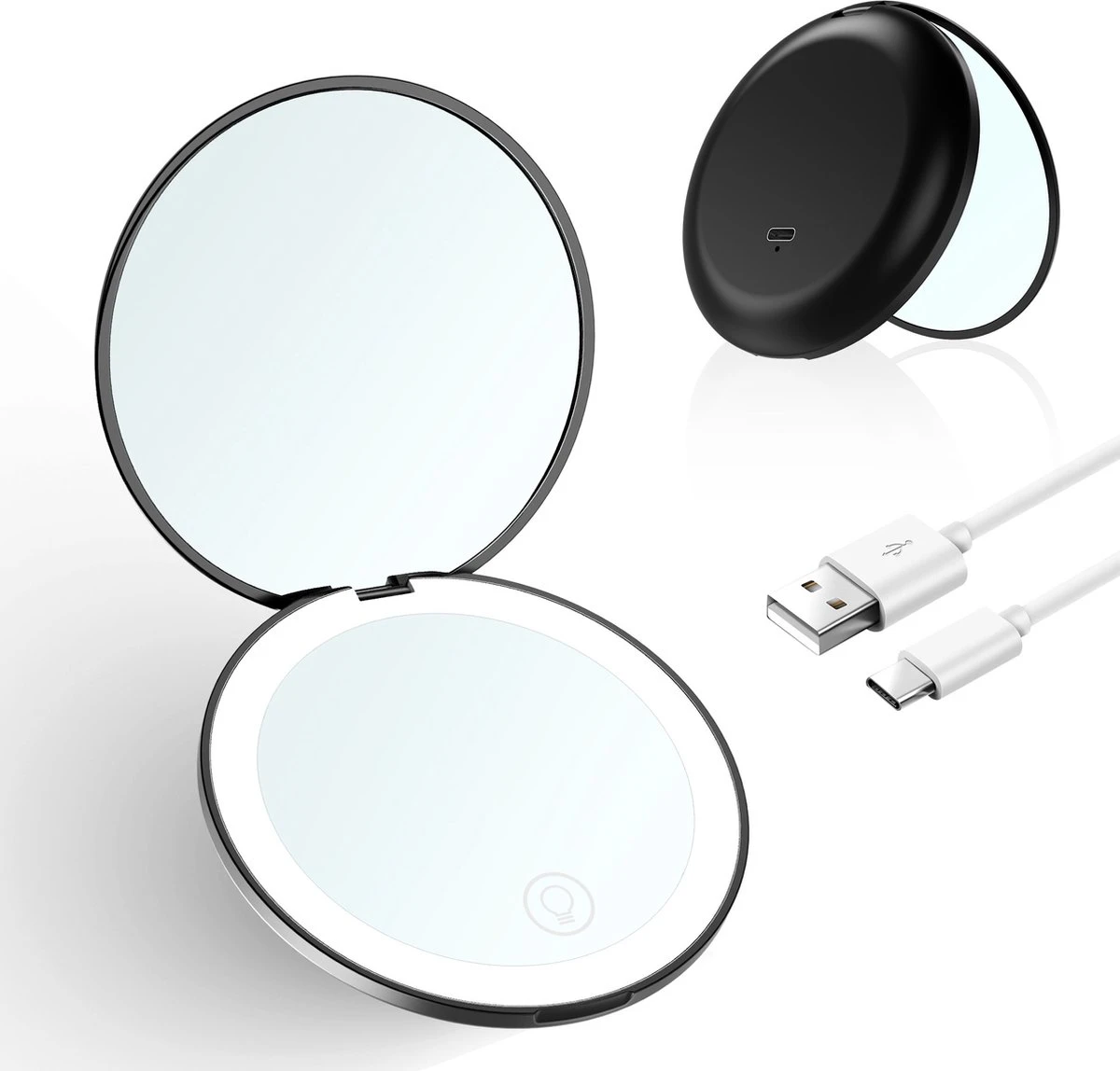 Led-verlichte Oplaadbare Compacte Make-up Spiegel Rond |1 X 2 X Vergroting | Make-upspiegel | Zakspiegel | Handspiegel | Reisspiegel | Dimbaar|als Cadeau | USB-lader | Rond | Zwart 1 Led-verlichte Oplaadbare Compacte Make-up Spiegel Rond |1 X 2 X Vergroting | Make-upspiegel | Zakspiegel | Handspiegel | Reisspiegel | Dimbaar|als Cadeau | USB-lader | Rond | Zwart