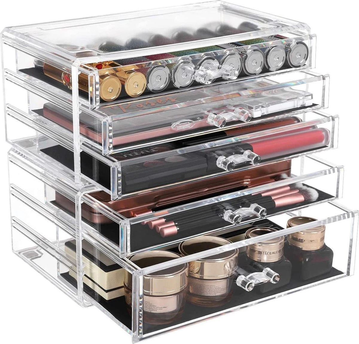 SONGMICS Make-up Organiser, 2-delige Opbergdozen Voor Sieraden En Cosmetica, Stapelbaar, Met 5 Laden, Transparant Polystyreen JMU32TP 1 SONGMICS Make-up Organiser, 2-delige Opbergdozen Voor Sieraden En Cosmetica, Stapelbaar, Met 5 Laden, Transparant Polystyreen JMU32TP