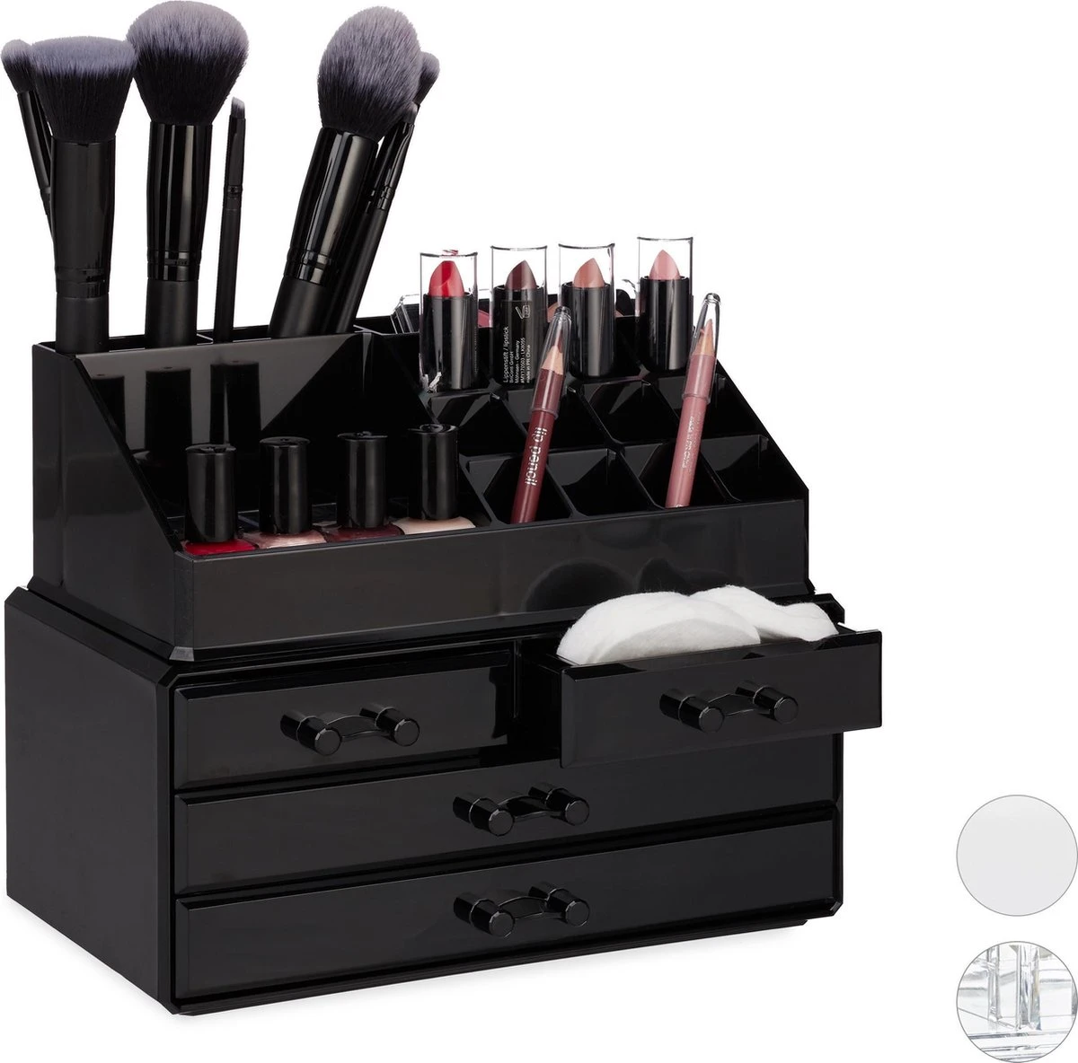 Relaxdays Make-up Organizer - Tweedelig - Cosmetica Opbergdoos + Lippenstift Houder - Zwart 4 Relaxdays Make-up Organizer - Tweedelig - Cosmetica Opbergdoos + Lippenstift Houder - Zwart - Afbeelding 4