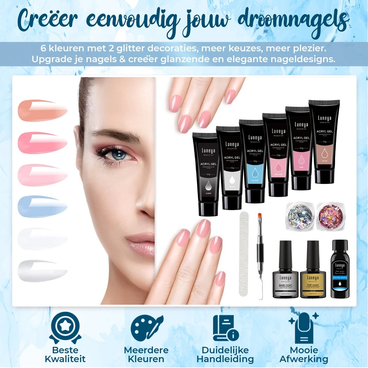 Luneya Polygel Kit - Sunrise Edition - 6 Kleuren - Polygel Nagels Starterspakket - Tasje - Incl. UV LED Lamp 3 Luneya Polygel Kit - Sunrise Edition - 6 Kleuren - Polygel Nagels Starterspakket - Tasje - Incl. UV LED Lamp - Afbeelding 3