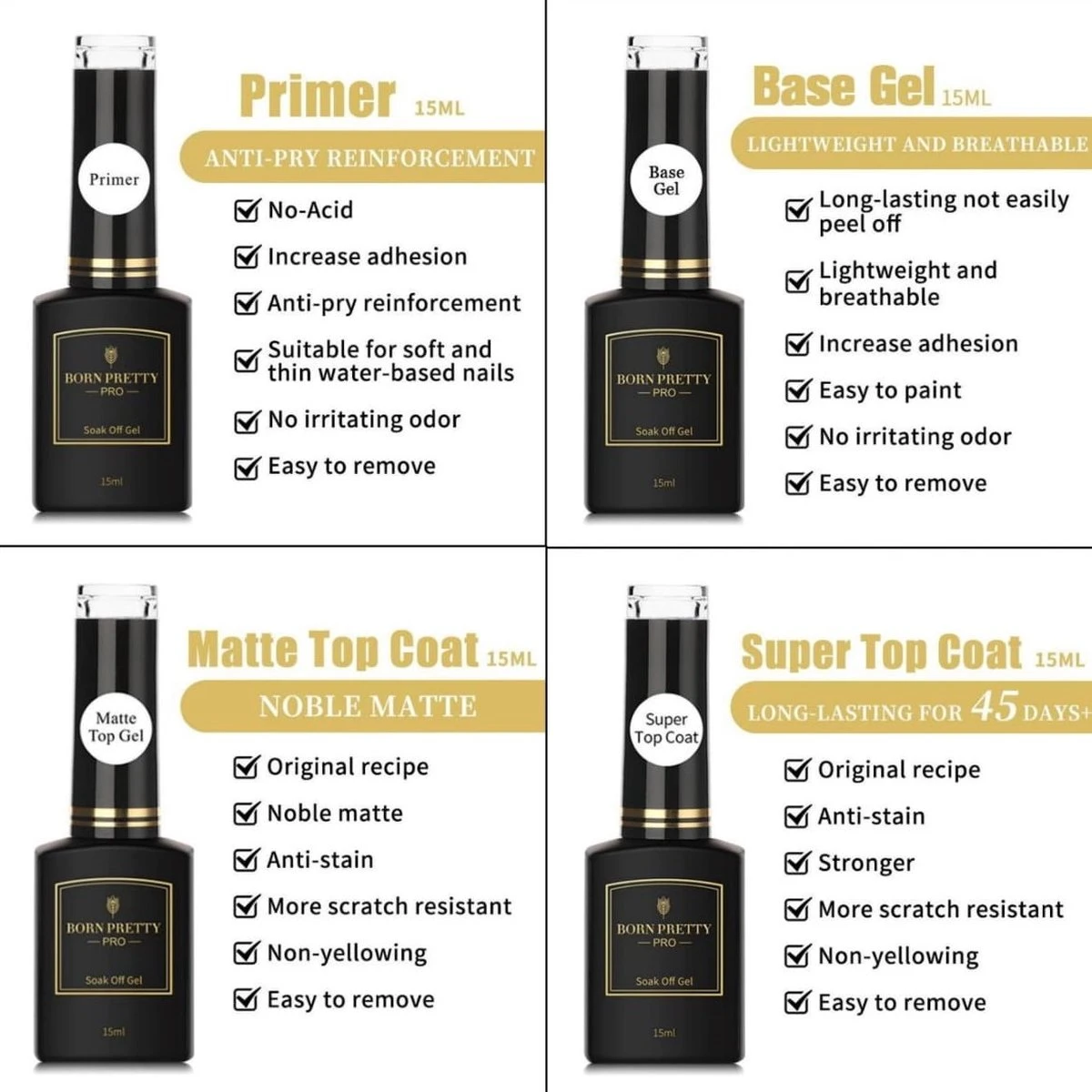 Born Pretty - 4 X 15 Ml - Gellak Starterspakket - Gellak Set - Gelpolish - Gellak Base En Topcoat - Primer - Primer Nagels - Primer Gelnagellak - Primer Gellak - Basecoat - Topcoat - Gellak Nagellak - Matte Nagellak - Matte Topcoat Gellak - Base Coat 3 Born Pretty - 4 X 15 Ml - Gellak Starterspakket - Gellak Set - Gelpolish - Gellak Base En Topcoat - Primer - Primer Nagels - Primer Gelnagellak - Primer Gellak - Basecoat - Topcoat - Gellak Nagellak - Matte Nagellak - Matte Topcoat Gellak - Base Coat - Afbeelding 3