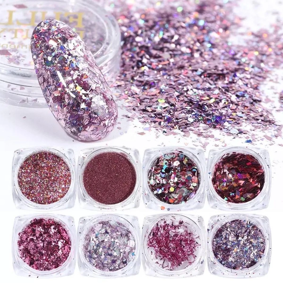 Glitter Poeder Nail Art Set - 8 Stuks - Rosé / Zilver / Roze / Glinster - Nagel Decoratie Strass 1 Glitter Poeder Nail Art Set - 8 Stuks - Rosé / Zilver / Roze / Glinster - Nagel Decoratie Strass