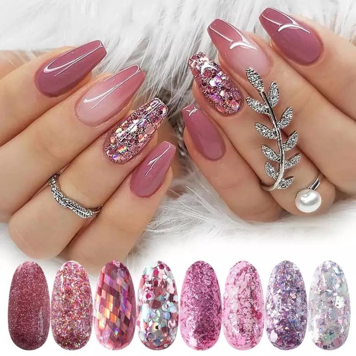 Glitter Poeder Nail Art Set - 8 Stuks - Rosé / Zilver / Roze / Glinster - Nagel Decoratie Strass 5 Glitter Poeder Nail Art Set - 8 Stuks - Rosé / Zilver / Roze / Glinster - Nagel Decoratie Strass - Afbeelding 5