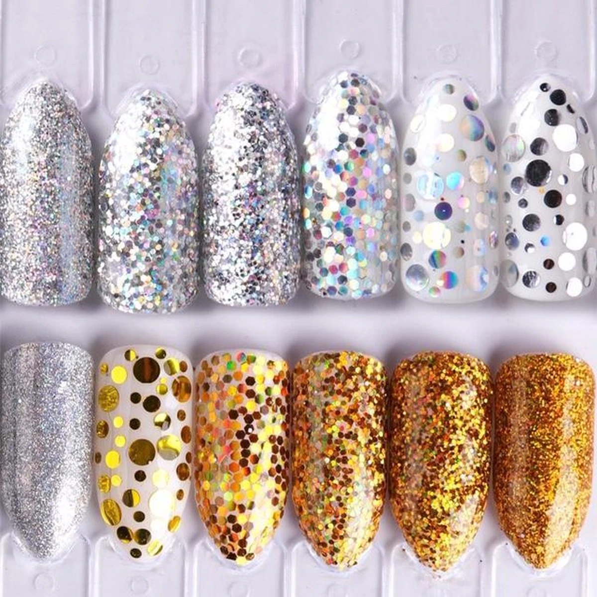 Glitter Poeder Nail Art Set - 12 Stuks - Goud / Zilver / Brons - Nagel Decoratie Strass 2 Glitter Poeder Nail Art Set - 12 Stuks - Goud / Zilver / Brons - Nagel Decoratie Strass - Afbeelding 2