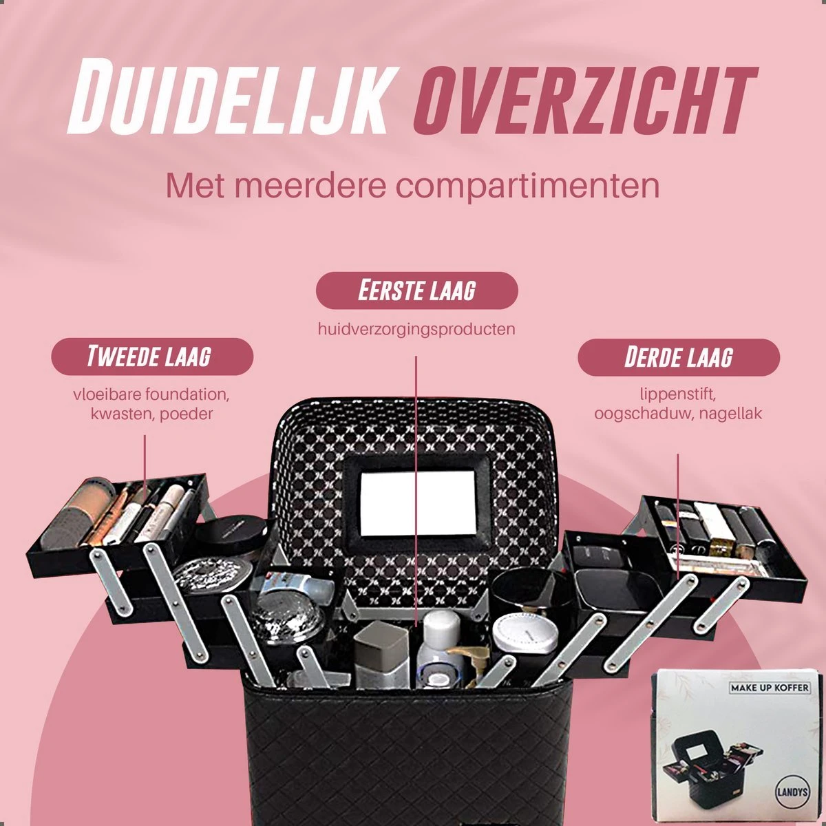 Make Up Koffer En Organizer - Beautycase Met Spiegel - Dames - Cosmetica En Visagie - Zwart 3 Make Up Koffer En Organizer - Beautycase Met Spiegel - Dames - Cosmetica En Visagie - Zwart - Afbeelding 3