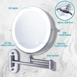 Auxmir Cosmetische Spiegel Met 1X / 10X Vergroting LED Verlichting, Dimbare Make-up Spiegel Met Touch Schakelaar USB Oplaadbare, Scheerspiegel 360 ° Draaibare Muurbeugel Voor Badkamer, Spa En Hotel -Cosmetica Winkel 1200x1200 2684