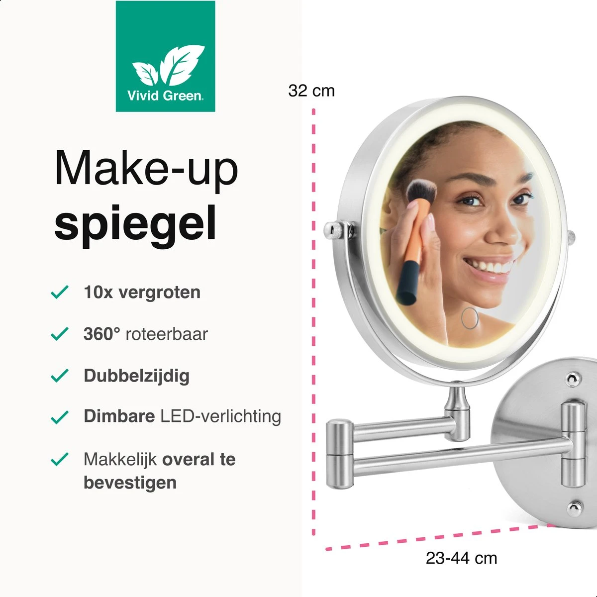 Vivid Green Make Up Spiegel Met Led Verlichting - Rond - Wanspiegel - Spiegellamp - 10x Vergroting - 26 CM 2 Vivid Green Make Up Spiegel Met Led Verlichting - Rond - Wanspiegel - Spiegellamp - 10x Vergroting - 26 CM - Afbeelding 2