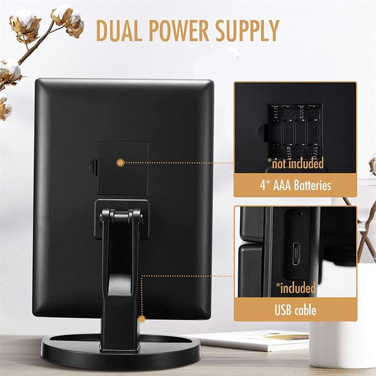 UNIQ Trifold Make Up Spiegel Met LED Verlichting En 2 Vergrootspiegels - Staande Spiegel - 21 LED-lampjes - Op Batterijen En USB (kabel Incl) - Zwart 2 UNIQ Trifold Make Up Spiegel Met LED Verlichting En 2 Vergrootspiegels - Staande Spiegel - 21 LED-lampjes - Op Batterijen En USB (kabel Incl) - Zwart - Afbeelding 2