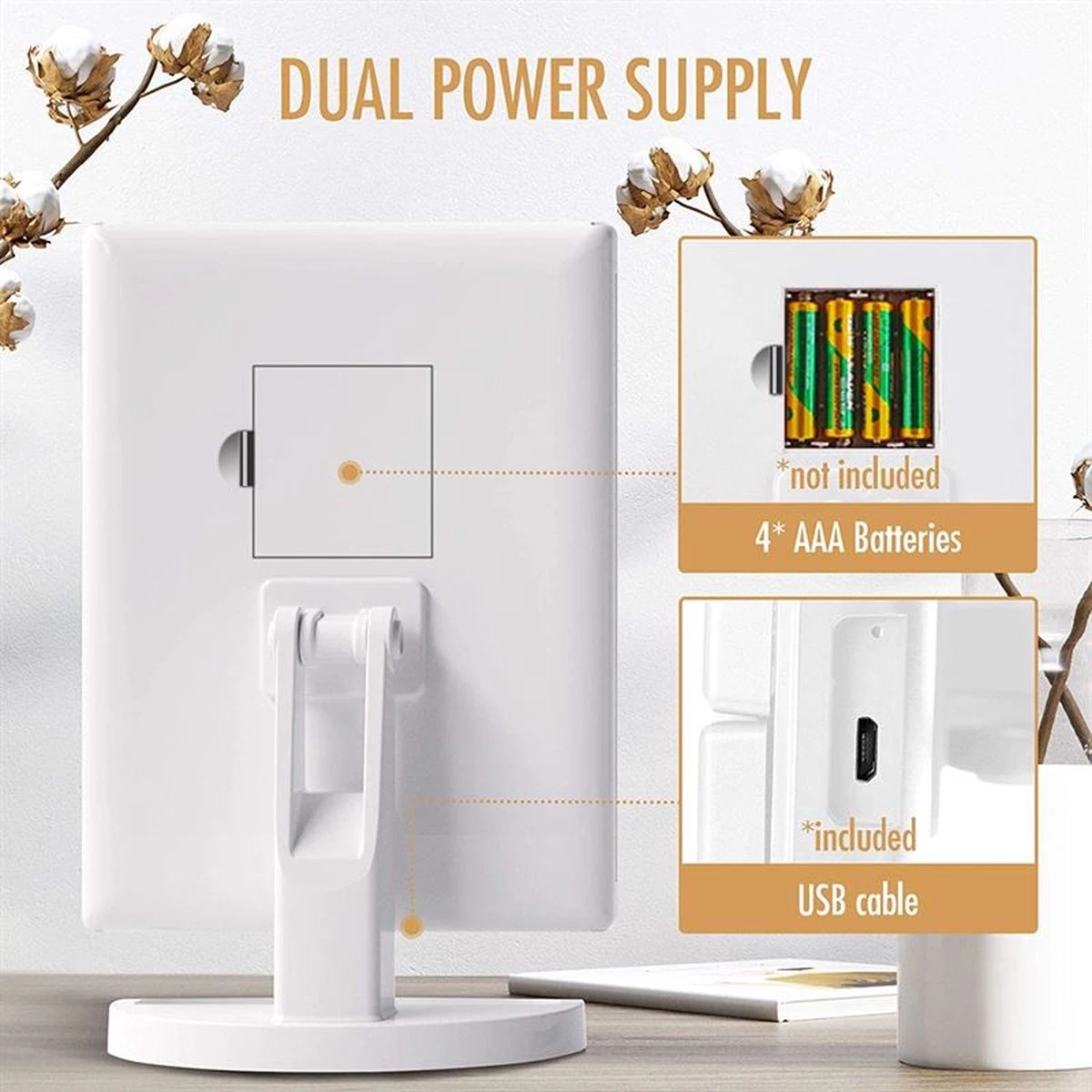 UNIQ Trifold Make Up Spiegel Met LED Verlichting En 2 Vergrootspiegels - Staande Spiegel - 21 LED-lampjes - Op Batterijen En USB (kabel Incl) - Wit 2 UNIQ Trifold Make Up Spiegel Met LED Verlichting En 2 Vergrootspiegels - Staande Spiegel - 21 LED-lampjes - Op Batterijen En USB (kabel Incl) - Wit - Afbeelding 2