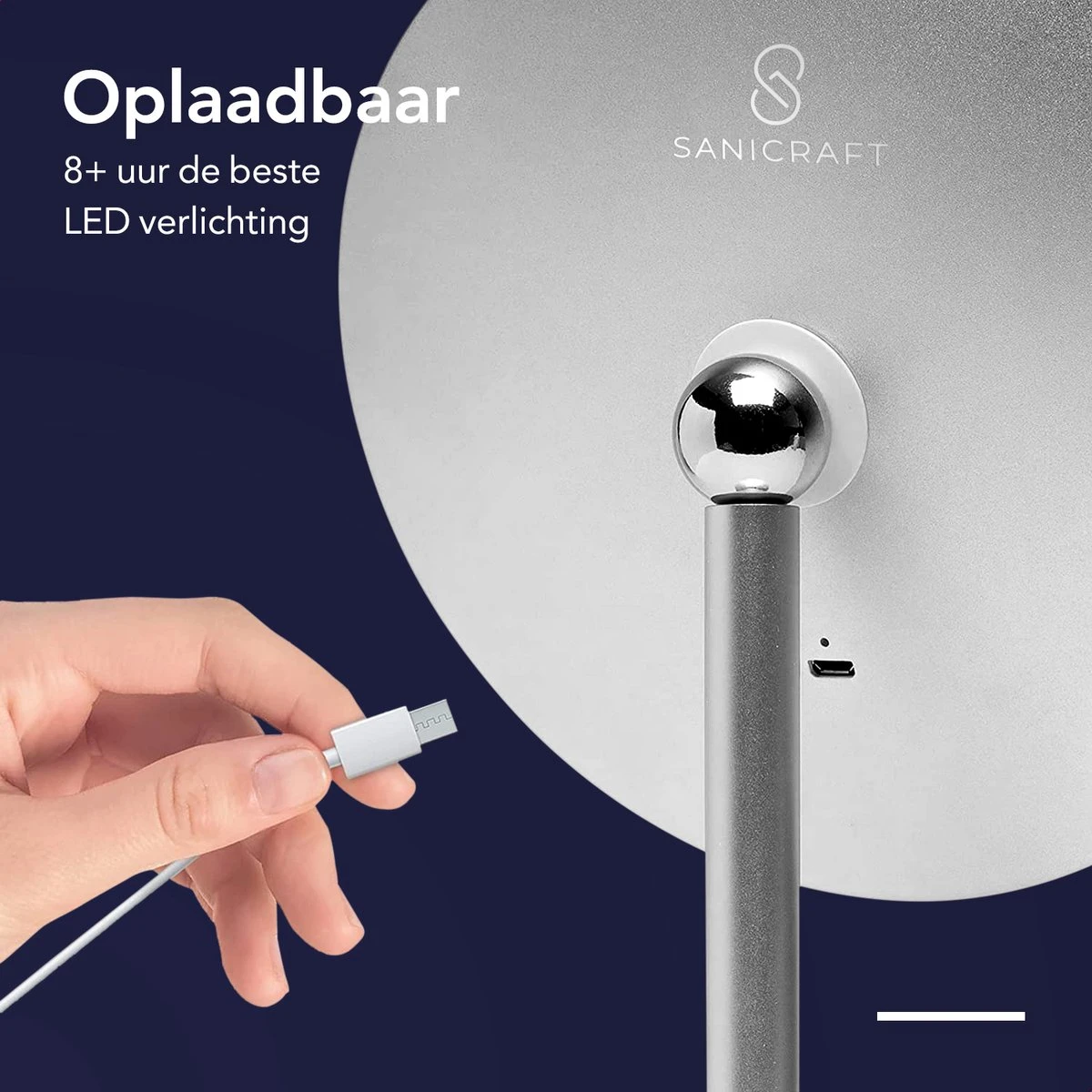 Make-up Spiegel Van Sanicraft® - USB Oplaadbaar - 360 Graden Draaibaar - Make Up Spiegel Met LED Verlichting - Afneembaar 10x Vergroting Spiegeltje - Diameter 17cm 5 Make-up Spiegel Van Sanicraft® - USB Oplaadbaar - 360 Graden Draaibaar - Make Up Spiegel Met LED Verlichting - Afneembaar 10x Vergroting Spiegeltje - Diameter 17cm - Afbeelding 5