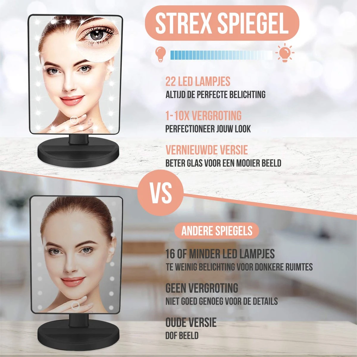 Strex Make Up Spiegel Met LED Verlichting - 3 Verlichtingsmodus - 1/10x Vergroting - 360° Verstelbaar 8 Strex Make Up Spiegel Met LED Verlichting - 3 Verlichtingsmodus - 1/10x Vergroting - 360° Verstelbaar - Afbeelding 8