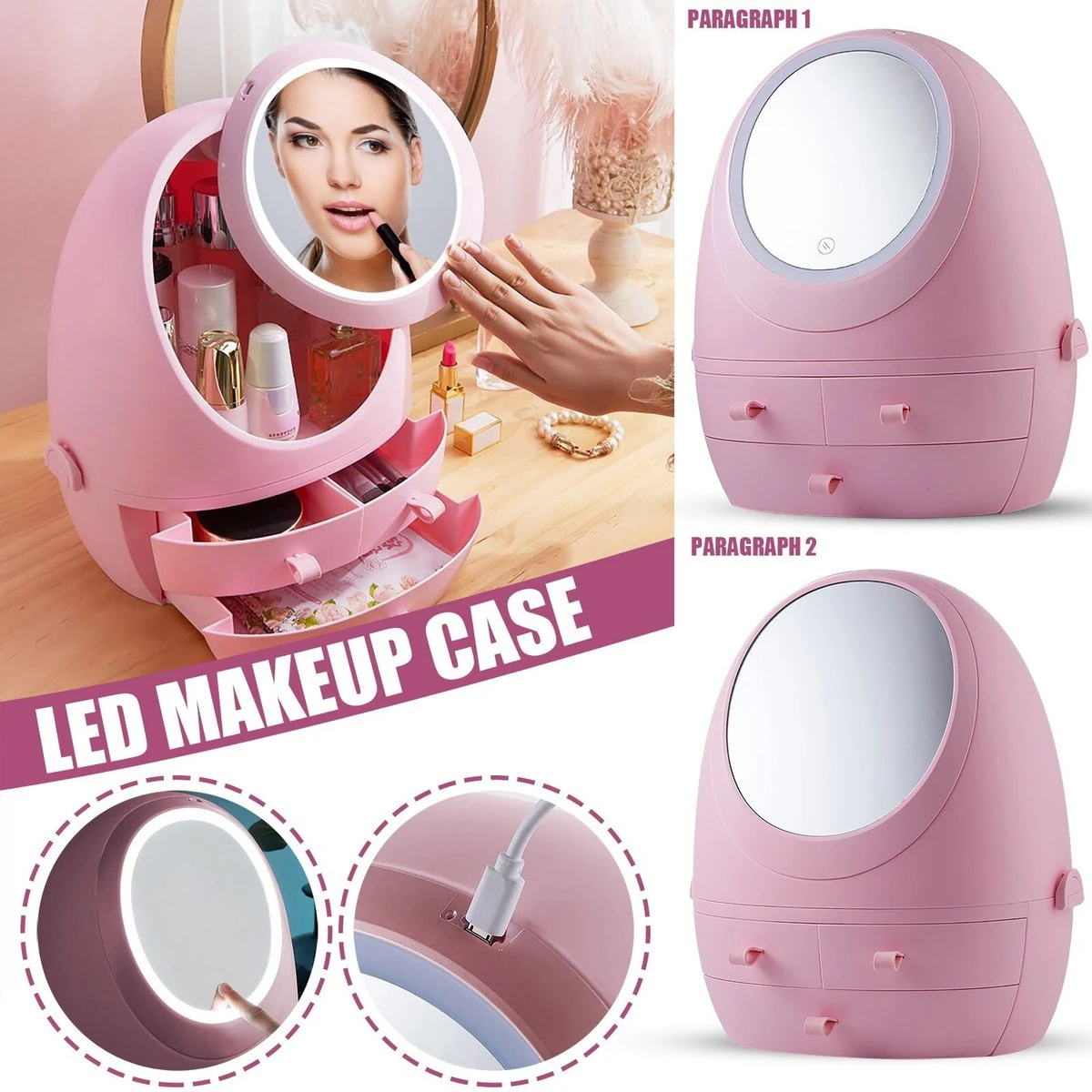 Make Up Organizer Met Make Up Spiegel En Led Verlichting | Usb Opladen Make-Up Tool Organizer Cosmetische Opbergdoos Draagbare Lade Led Spiegel Make-Up Tool Kits Opbergrek Maquillage | Make Up Spiegel Met Verlichting | Make Up Organizer Lades - Roze 2 Make Up Organizer Met Make Up Spiegel En Led Verlichting | Usb Opladen Make-Up Tool Organizer Cosmetische Opbergdoos Draagbare Lade Led Spiegel Make-Up Tool Kits Opbergrek Maquillage | Make Up Spiegel Met Verlichting | Make Up Organizer Lades - Roze - Afbeelding 2