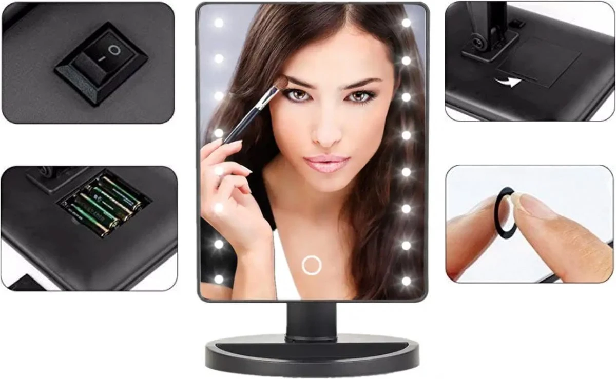 Make-Up Spiegel - LED Verlichting - Zwart - Cosmetica Spiegel - Scheerspiegel 3 Make-Up Spiegel - LED Verlichting - Zwart - Cosmetica Spiegel - Scheerspiegel - Afbeelding 3