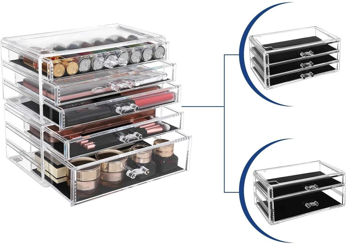 SONGMICS Make-up Organiser, 2-delige Opbergdozen Voor Sieraden En Cosmetica, Stapelbaar, Met 5 Laden, Transparant Polystyreen JMU32TP 3 SONGMICS Make-up Organiser, 2-delige Opbergdozen Voor Sieraden En Cosmetica, Stapelbaar, Met 5 Laden, Transparant Polystyreen JMU32TP - Afbeelding 3