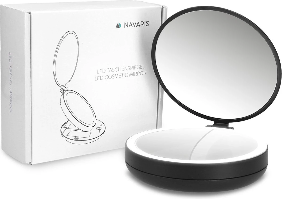 Navaris 1x/5x Vergrotende Make-up Spiegel - Compacte Opvouwbare Kap- En Reisspiegel - Led-verlichte Dubbelzijdige Make-upspiegel - Zwart 7 Navaris 1x/5x Vergrotende Make-up Spiegel - Compacte Opvouwbare Kap- En Reisspiegel - Led-verlichte Dubbelzijdige Make-upspiegel - Zwart - Afbeelding 7