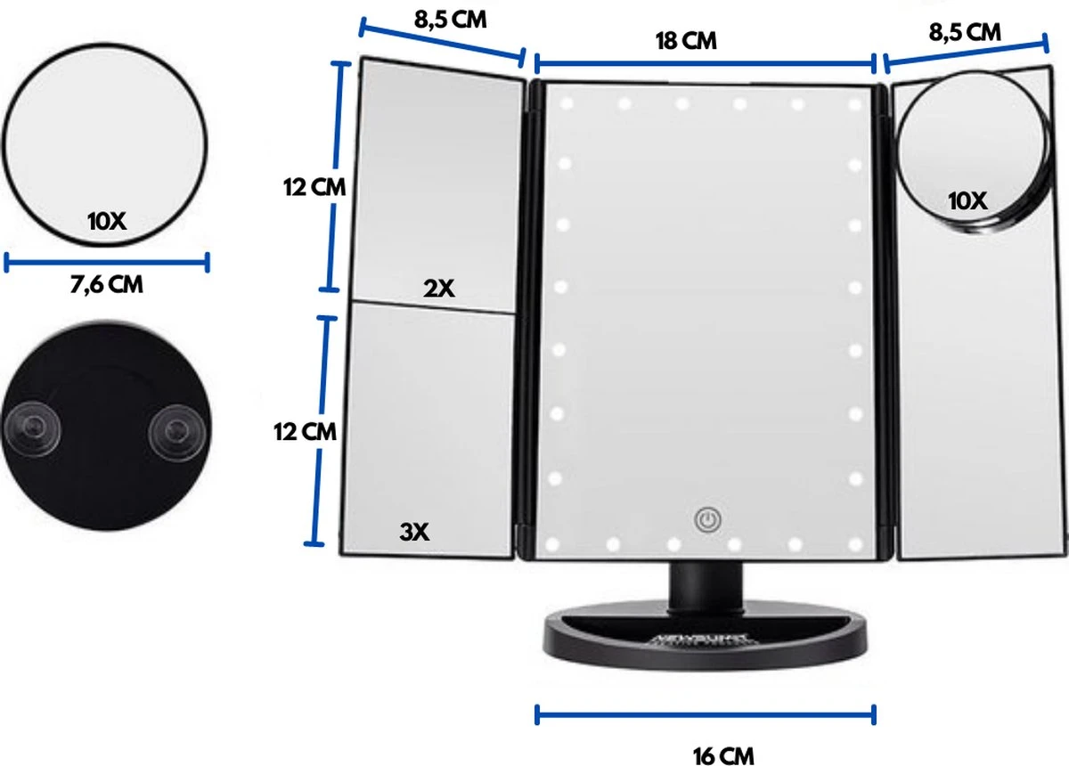 Make-Up Spiegel Met LED Verlichting - Zwart - Vergrootspiegels - Cosmetica/ Visagie Spiegel - 180° Draaibaar - Werkt Op AAA Batterijen én USB - Inclusief USB Kabel 4 Make-Up Spiegel Met LED Verlichting - Zwart - Vergrootspiegels - Cosmetica/ Visagie Spiegel - 180° Draaibaar - Werkt Op AAA Batterijen én USB - Inclusief USB Kabel - Afbeelding 4