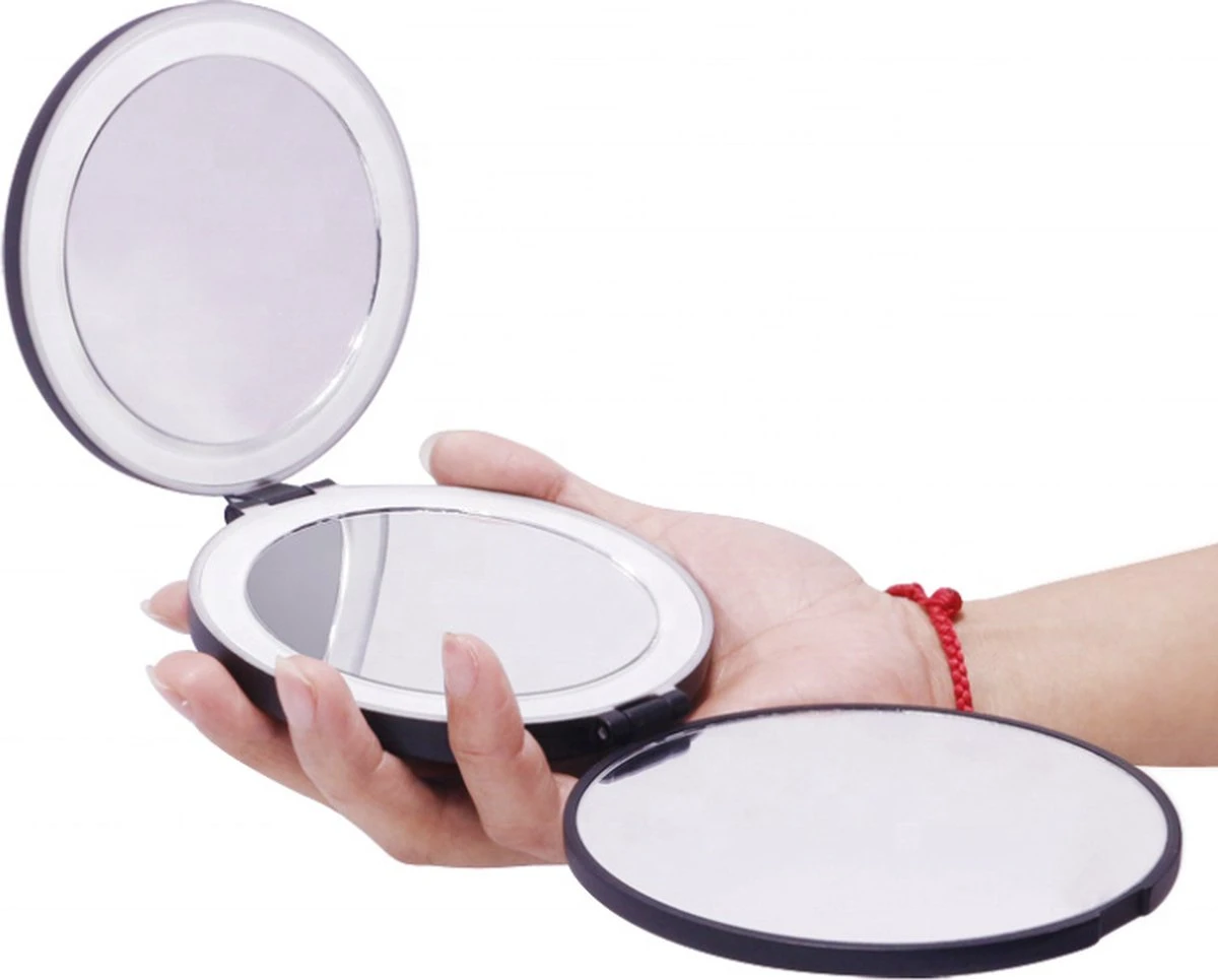 UNIQ Drievoudige Compacte Reisspiegel Met LED (vergroting 5x En 10x) - Make Up Spiegel Met Verlichting - Zwart 4 UNIQ Drievoudige Compacte Reisspiegel Met LED (vergroting 5x En 10x) - Make Up Spiegel Met Verlichting - Zwart - Afbeelding 4