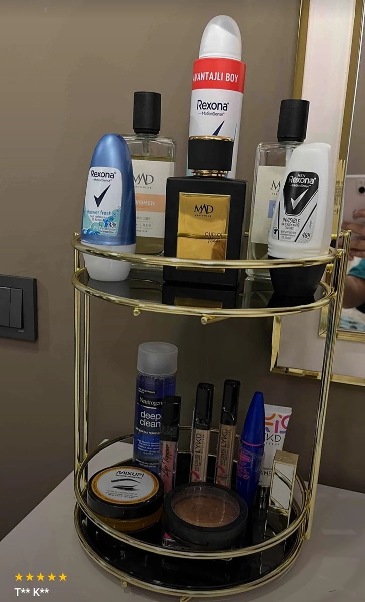 KIARA Badkamer Cosmetische Sieraden Organizer Multifunctionele Organizer 2-Tier Dienblad Catering Goud 5 KIARA Badkamer Cosmetische Sieraden Organizer Multifunctionele Organizer 2-Tier Dienblad Catering Goud - Afbeelding 5