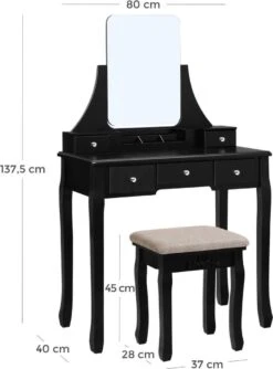Merkloos Kaptafel, Kaptafel Met Grote Spiegel Zonder Frame, Toilettafel, Kaptafel, Voor Make-up, Gewatteerde Kruk, 5 Laden, Verplaatsbare Opbergdoos, Zwart RDT25BK -Cosmetica Winkel 888x1200 3