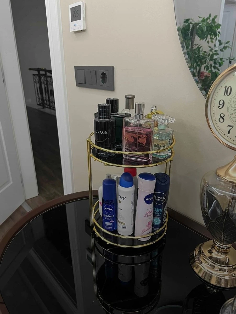 KIARA Badkamer Cosmetische Sieraden Organizer Multifunctionele Organizer 2-Tier Dienblad Catering Goud 3 KIARA Badkamer Cosmetische Sieraden Organizer Multifunctionele Organizer 2-Tier Dienblad Catering Goud - Afbeelding 3