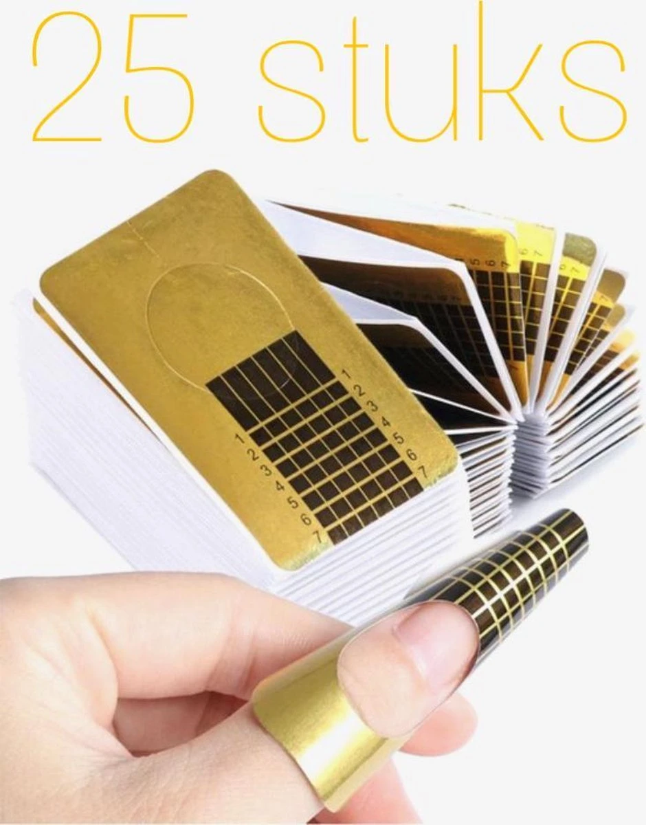 Merkloos Nagel Sjablonen - Nail Forms - Acryl Sjabloon - Nail Art - Beauty & Make-up - French Manicure - Goud | 25 Stuks 1 Merkloos Nagel Sjablonen - Nail Forms - Acryl Sjabloon - Nail Art - Beauty & Make-up - French Manicure - Goud | 25 Stuks